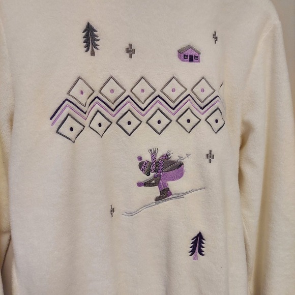 Tanjay Cream Embroidered Novelty Ski Fleece Pullover Sweatshirt Women's S Granny - Picture 2 of 8
